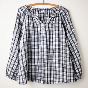 Tartan Plaid Peasant Top Blouse M Black White Cottage Minimalist Coastal Boho